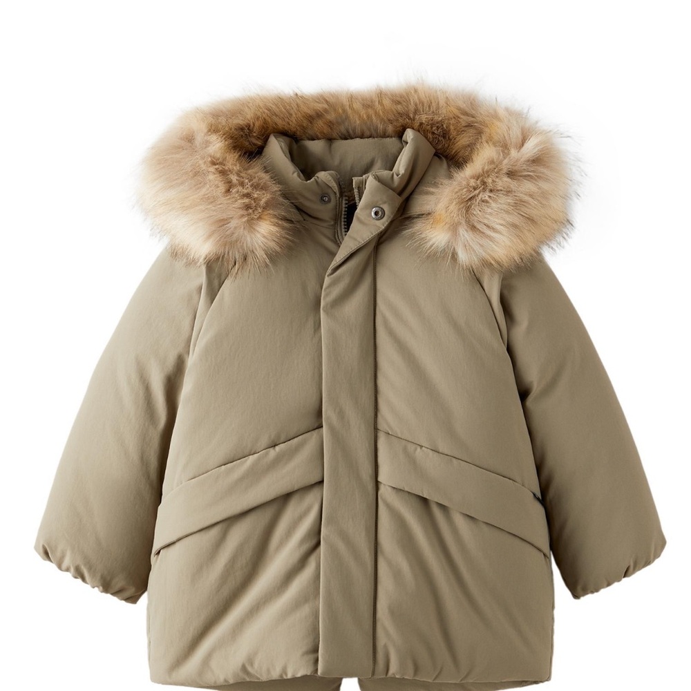 Zara kids Tan Winter Jacket with Faux Fur Hood